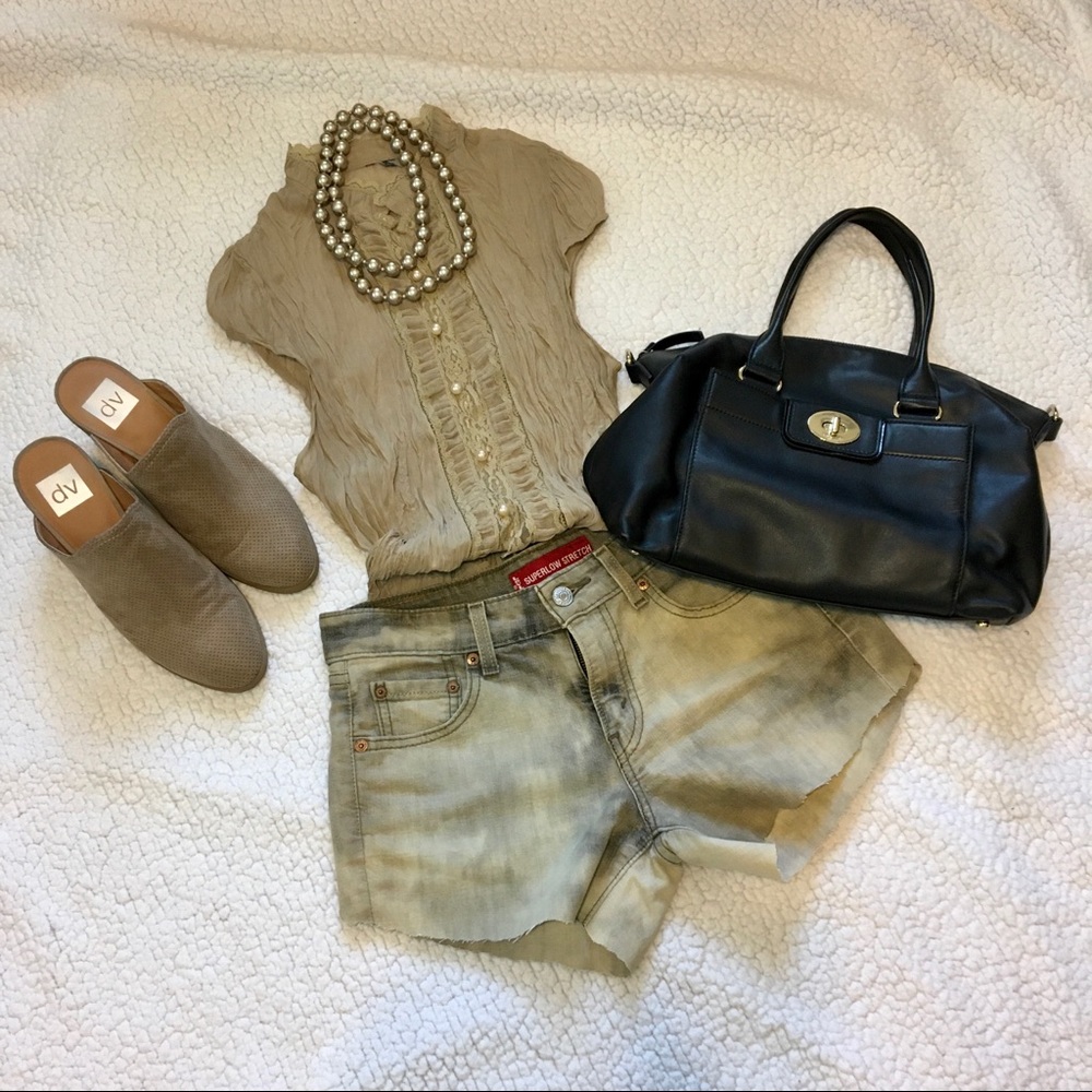 Forever 21 Khaki Cap-Sleeve Button Up Sheer Blouse